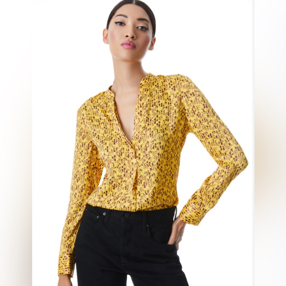 Alice + Olivia Yellow Printed Long-Sleeve Tunic Top